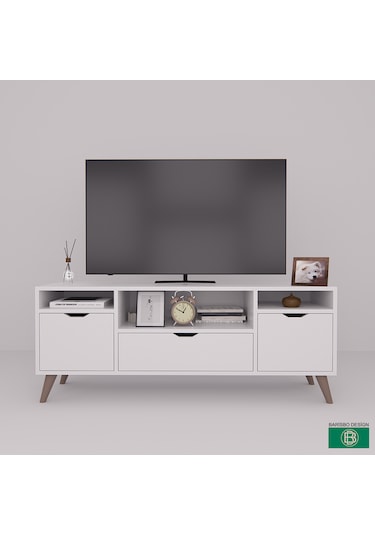 Tv Sehpası Geniş Çekmeceli Raflı Beyaz