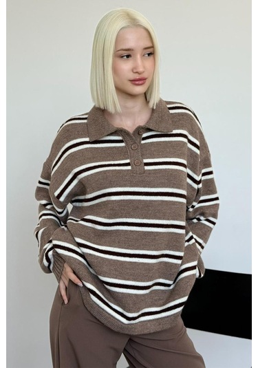 Vizon Polo Yaka Çizgili Kadın Triko Kazak Mg2469 Vizon