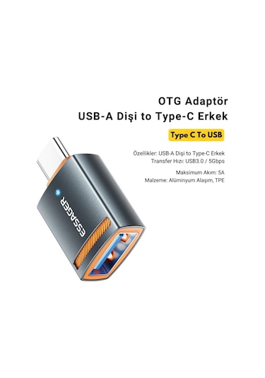 Essager Type-c To Usb Otg Dönüştürücü Adaptör, 5 Gbps Veri Aktarım, Mini Type C Çevirici, Klavye, Mouse Çevirici