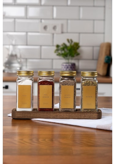 Mienda Home 4'lü Ahşap Standlı Cam Baharatlık Seti Gold Kapaklı Etiketli Baharatlık Takımı Mh01gld04 Gold - Şeffaf