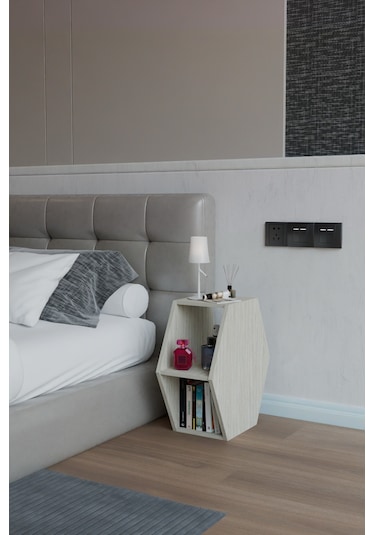 Alpa Ev Mobilya Altıgen Komodin, Modern Başucu Sehpası, Dekoratif Raflı Komodin Kitaplık Traverten