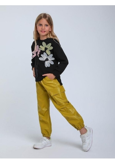 Kız Çocuk Çiçek İşlemeli Tasarım Sweatshirt-14341 Siyah