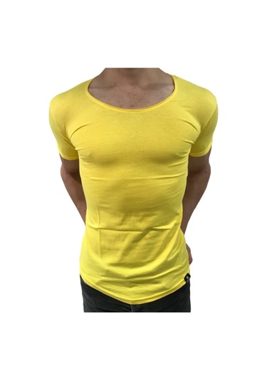 Bybülent Oval Yaka Açık Yaka Erkek Tişört Likralı Slim Fit