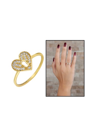 Zirkon Taşlı Kalbimin Kilidi Tasarım Gold Renk 925 Ayar Gümüş Bayan Yüzük Beyaz
