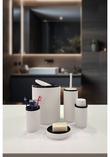 Biltaş Plastik Auaro 5 Parça Beyaz Çizgili Siyah Kapaklı Yuvarlak 5'li Banyo Seti Beyaz
