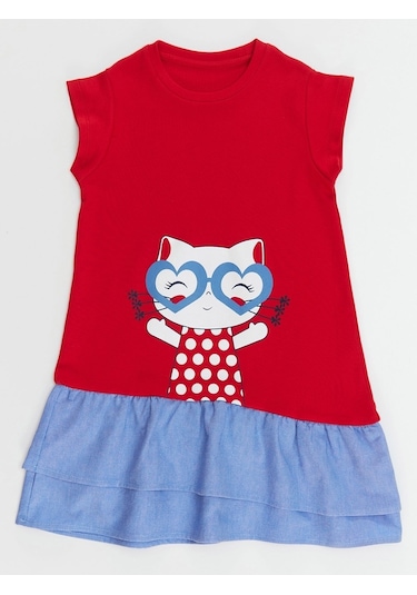 Denokids Kedi Fırfırlı Kırmızı Kız Elbise Kırmızı