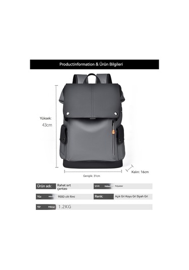Aurora İşsırtçantası Erkek Sırtçantası Büyük Kapasiteli Koyu Gri Koyu Gri