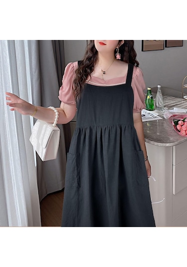 Kadınlar İçin Cepli Pamuklu Keten Önlük Çapraz Sırtlı İş Önlüğü Pin Saf Siyah Diğer