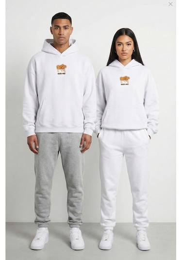 Unisex Sevgili Çift Kombini Oversize Sırt Baskılı Grafik Hoodie Beyaz