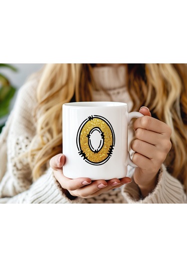 O Harfi Gold Simli Kupa Işıltılı Alfabe Harf Tasarımlı Kahve Kupası - Kişiye Özel Hediye Beyaz