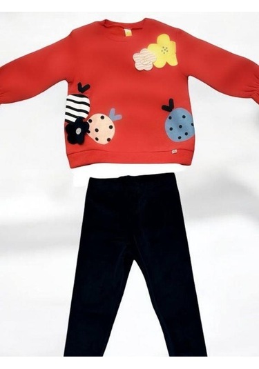 Kız Çocuk Çiçek Desenli İçi Şardonlu Kadife Taytlı Takım-14515 Nar Çiçeği