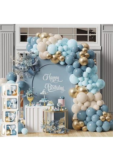 Okyanus Temalı Baby Shower Set 119 Parça Okyanus Mavi, Deniz Kumu, Krom Gold Ve Açık Mavi Balon Set