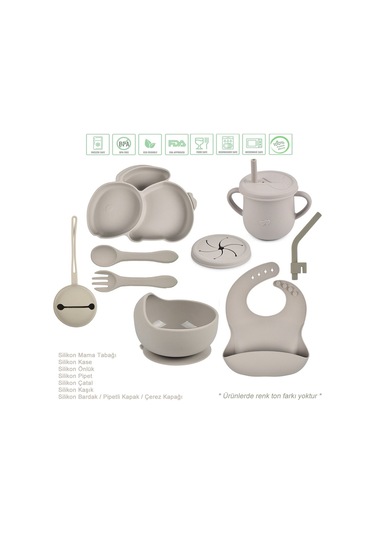 Jojobebek Silikon Beslenme Seti Vakumlu Silikon Mama Tabağı, Mama Kasesi, Önlük, Kaşık, Pipetli Bardak Gri