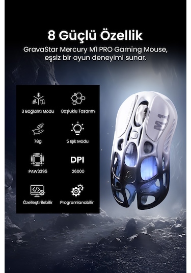 Gravastar Mercury M1 Pro Kablosuz 26000 Dpı Oyun Mouse