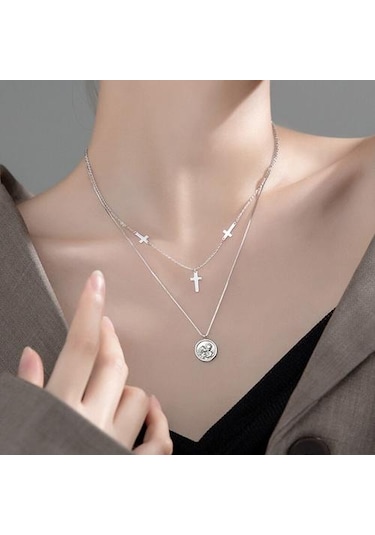 925 Ayar Tay Gümüş Moda Tatlı Çapraz Sikke Kolye Kısa Klavikula Kolye Kadınlar Kız Takı Için Altın - Gümüş