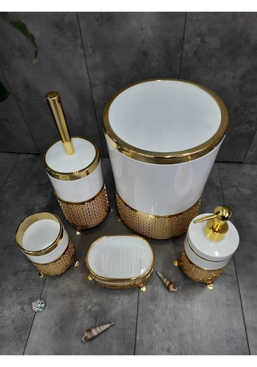 Avangard Krem Üzeri Gold Işlemeli 5'li Banyo Seti Krem