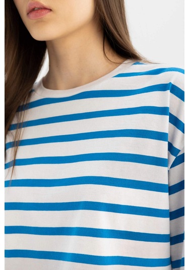 Defacto Coool Fitted Çizgili Kısa Kollu Tişört A9046AX24SMBE439 Mavi