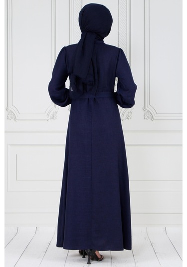 İnci Detaylı Kuşaklı Tesettür Elbise-lacivert-3585-lacivert Lacivert