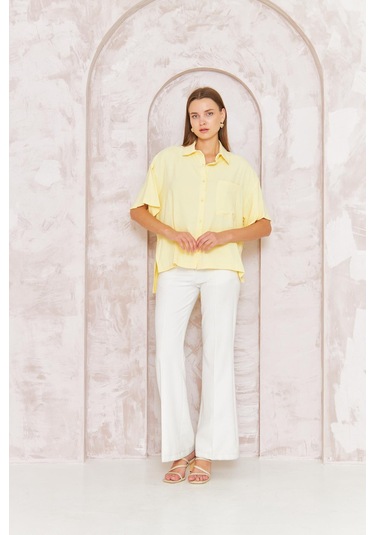 Kadın Sarı Bol Kesim Kısa Kollu Gömlek Dm9005 Sarı