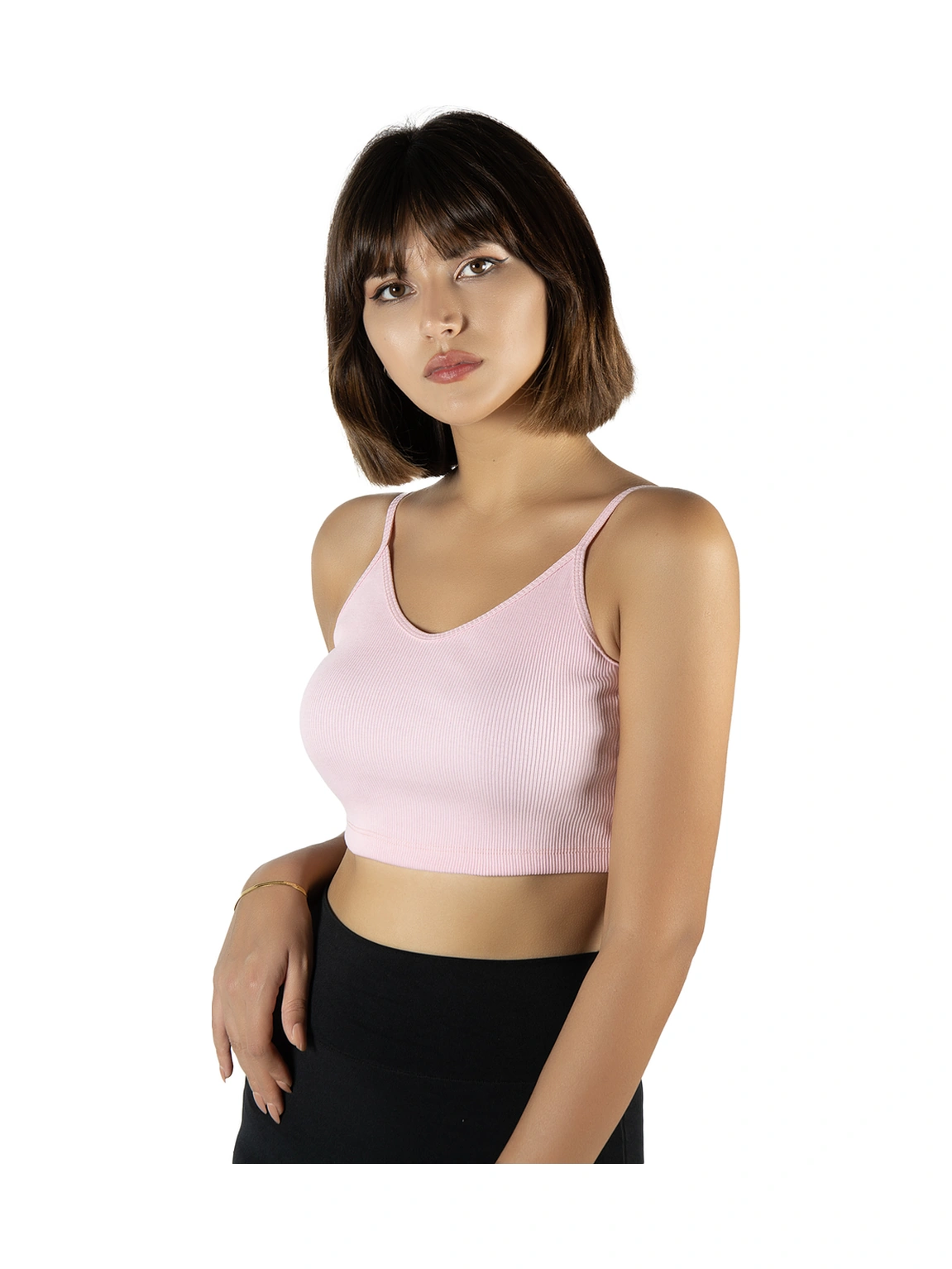Veaven Pembe İp Askılı Fitted/vücuda Oturan Fitilli Örme Crop Top Bluz Pembe