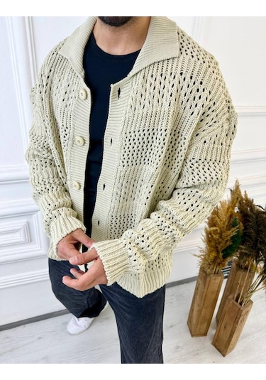 Elku Moda Hırka Oversize Özel Örgülü Triko Desenli Salaş Örgü Hırka Krem