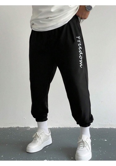 Eşofman Altı Jogger - Siyah Baskılı Lastik Paça Yüksel Bel Siyah