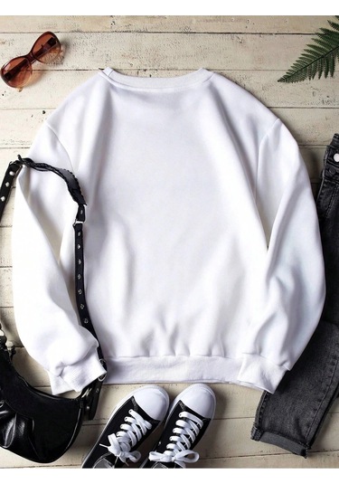Startmore Leopard & Letter Graphic Lined Sweatshirt Beyaz Beyaz