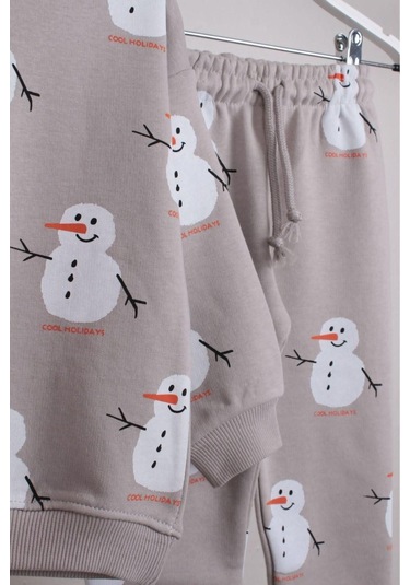 Kardan Adam Desenli Pamuklu Sweatshirt Jogger Eşofman Alt-üst Takım Açık Gri