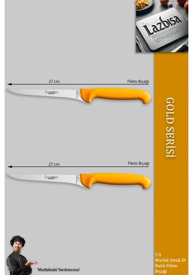 Lazbisa Mft-020 Gold Serisi Mutfak Fileto Bıçağı Steak Bıçak Et Balık Tavuk Kesme Fileto Bıçağı 2 Li Set