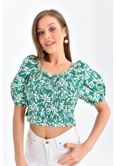 Kadın Çiçek Desenli Gipe Detay Balon Kol Crop Bluz Yeşil