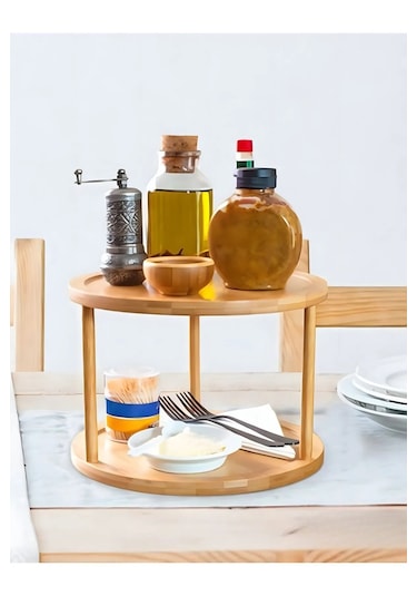 Bambu 360 Dönen 2 Katlı Baharatlık Düzenleyici Doğal, Şık Ve Fonksiyonel Mutfak Standı Bambu