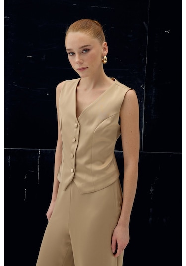 Sateen Klasik Düz Yelek - Camel-137031 CAMEL