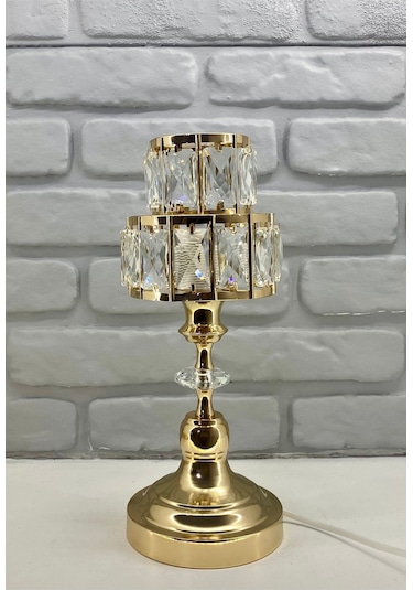 Modern Dekoratif Gold Metal Ayaklı Kristal Kademeli Taşlı Abajur Gold