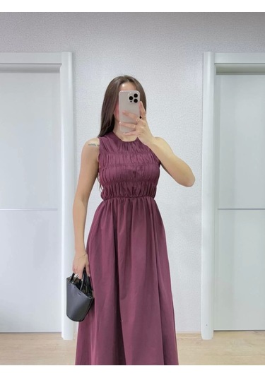 Kolsuz Göğüs Lastıklı %100 Poplin Uzun Elbise - Bordo Bordo