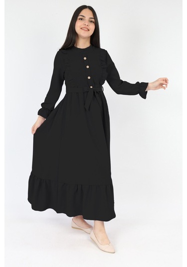 Kiz Cocuk Elbise Aerobin Keten Kumaş Tesettüre Uygun Uzun Boydan Cocuk Elbise Siyah