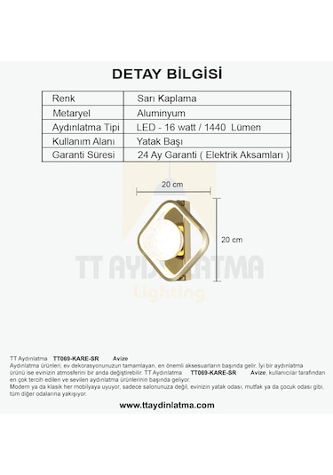 Tt069-kare-sr Tt Aydınlatma Toplu Sarı Kaplama 3 Renk Ledli Aplik Gold