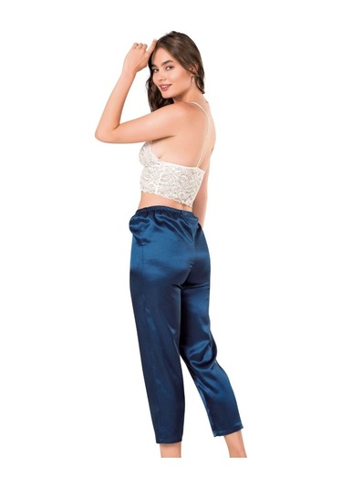 İPEK ÖZMEL Kadın  Saten Petrol Mavisi  Pijama Takım Petrol Mavi