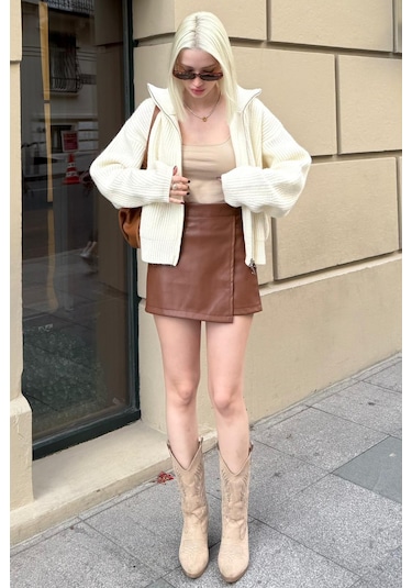 Kahverengi Kadın Deri Şort Etek Mg2521 Kahverengi