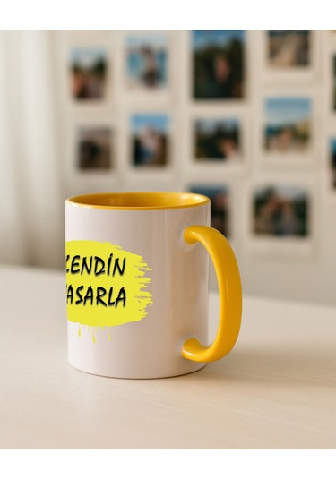 Kendin Tasarla Bardak - Kişiye Özel Bardak Satıya Sor 2 İçi Kulbu Sarı Bardak