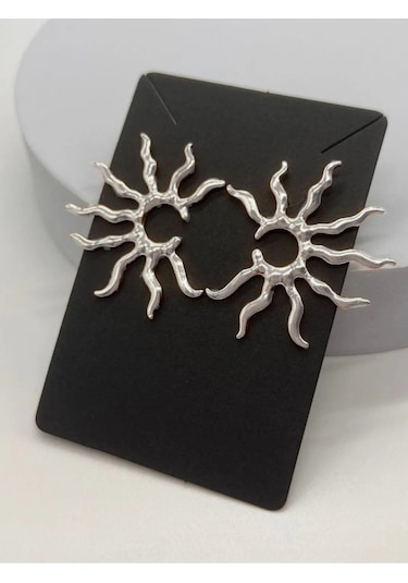 Güneş Figürlü Gümüş Renk Küpe Gümüş