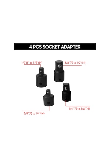 Geeksen 4 Parça Çelik Soket Adaptör Seti - 1/4", 3/8", 1/2" Çap Değiştirici, Otomotiv Tamiri Ve Ev Bakımı İçin Siyah
