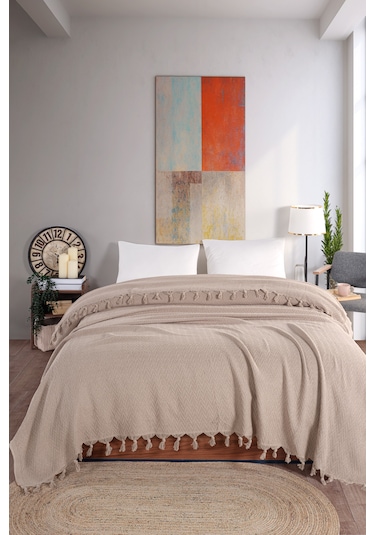 Assos 220x220cm Çift Kişilik Saçaklı Yatak Örtüsü Çeyizlik He Bej