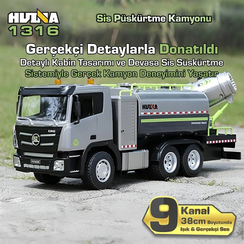 Huına 1316 1/18 Rc Sis Püskürtme Kamyonu İş Makinesi Uzaktan Kumandalı Rc Model - 2.4ghz Gerçekçi Similasyon Ses Ve Işık Sistemi
