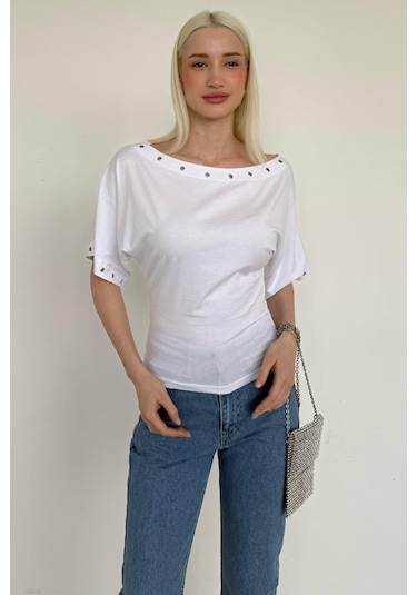 Madmext Beyaz Off Shoulder Metal Detaylı Kadın Bluz Mg2671 Beyaz