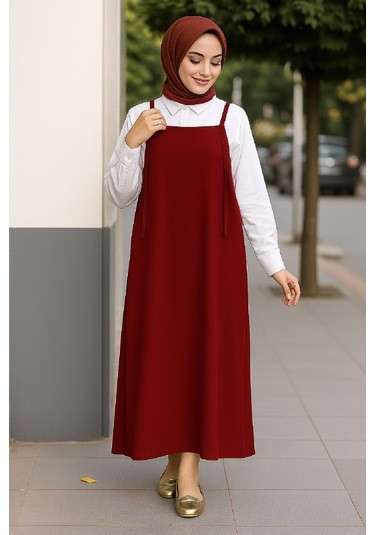Modadua Kadın Bordo Basic Ayarlanabilir Askılı Jile Elbise