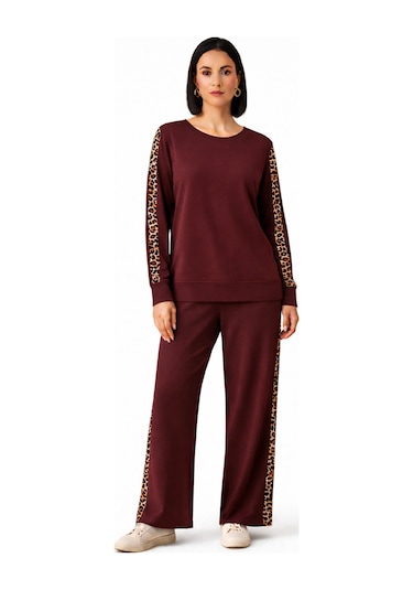 Trend Alisse Bisiklet Yaka Leopar Garnili Esnek Cepli Modal Takım Bordo