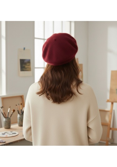 Derikem Fransız Tüylü Peluş Ressam Bere Kadın Şapka Bordo