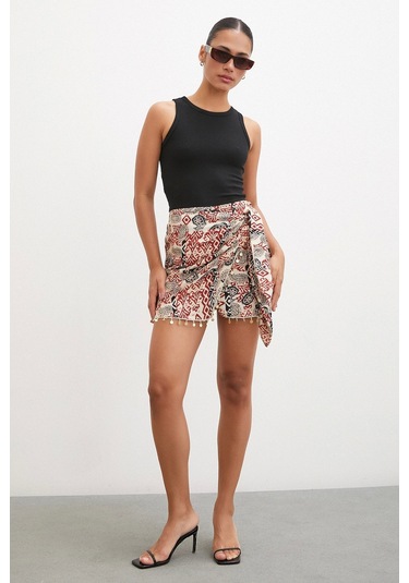 Never More Pul Aksesuarlı Bağlamalı Mini Etek Bej