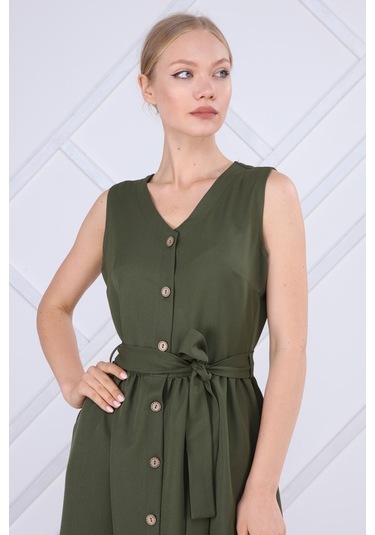 Kadın Bağlama Detaylı V Yaka Düğmeli Kolsuz Elbise 4320/95 001