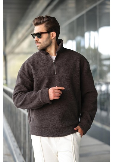 Madmext Füme Yarım Fermuarlı Dik Yaka Polar Sweatshirt E7165 Füme